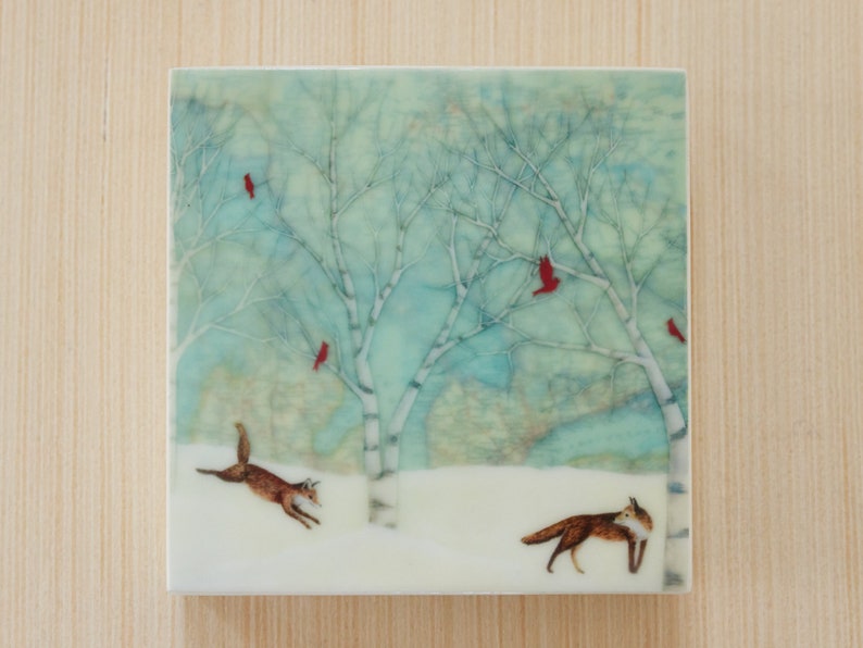 Waxed Mini - Frolicking Foxes, encaustic mixed media reproduction