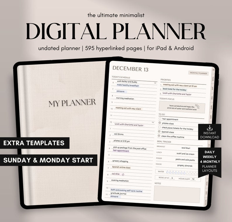 Digital Planner Undated, iPad & Android Planner, GoodNotes Planner, Digital Calendar, Daily, Weekly, Monthly Journal, 2024 2025 iPad Planner