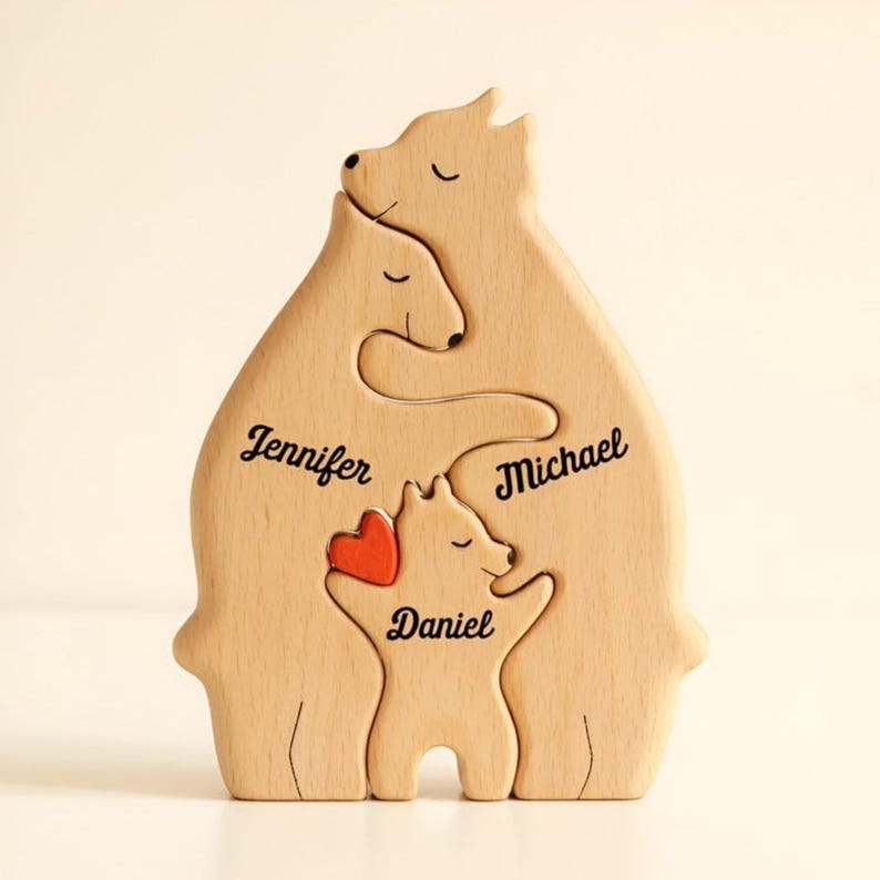 Custom Engraved Wooden Bear Family Puzzle, Personalized 2-6 Person Animal Figurines in Gift Box, Ideal for Anniversaries & Home Decor