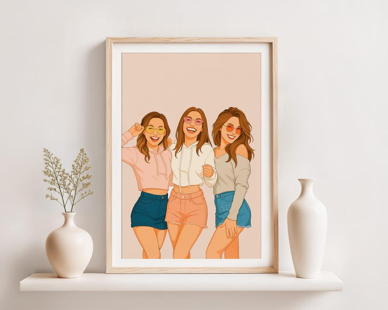 Custom Cartoon Portrait, Best Friend Drawing, Illustration from Photo, Personalized Gift for Sister, Friendship Gift, Best Friend Group