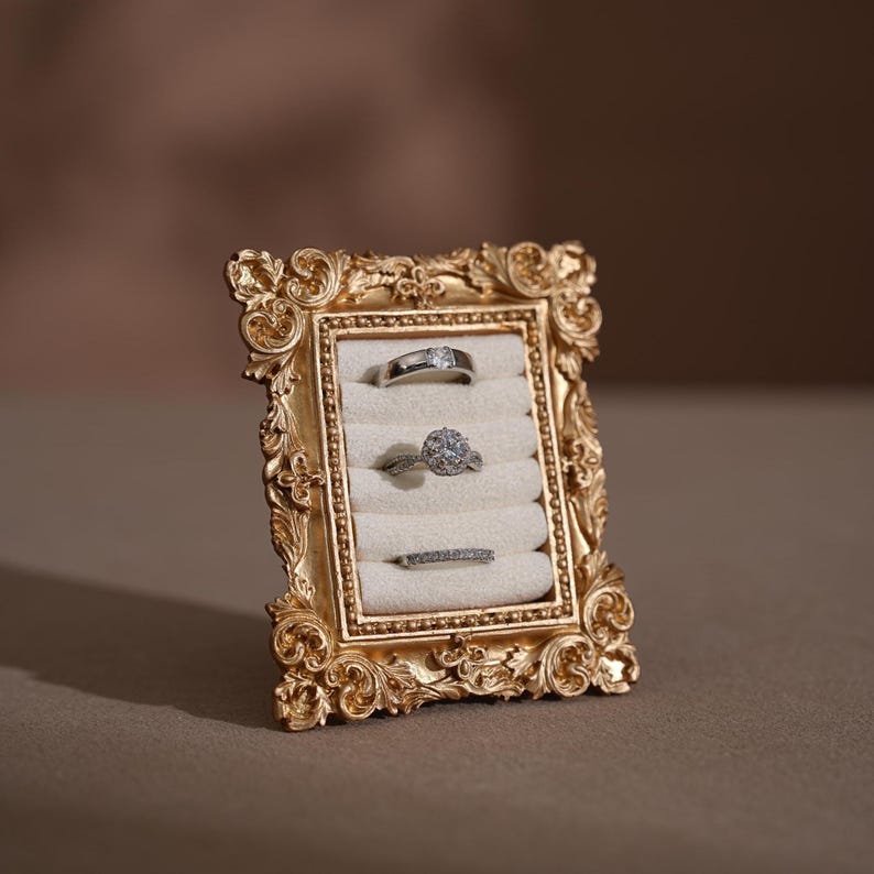 Wedding Ring Holder Jewelry Display Gold Earring Organizer Stand Detail Shot Flat Lay Prop Engagement Gift For Her Bridesmaid Bridal Shower