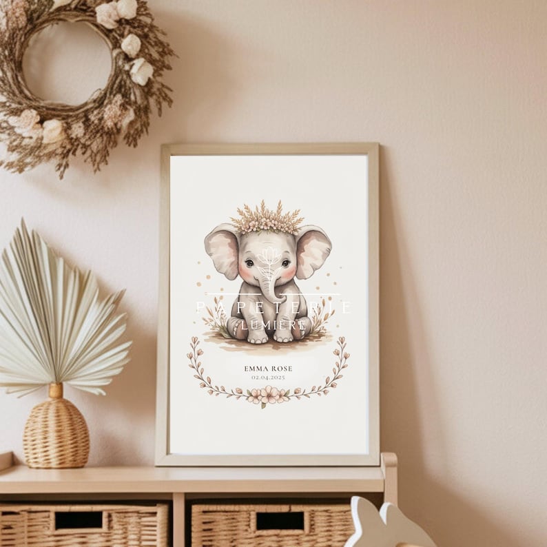 Personalisierter Elefant-Wand-Kunst-Kinderzimmer, Baby-Namens-Druck-Set von 3 (digitaler Download)