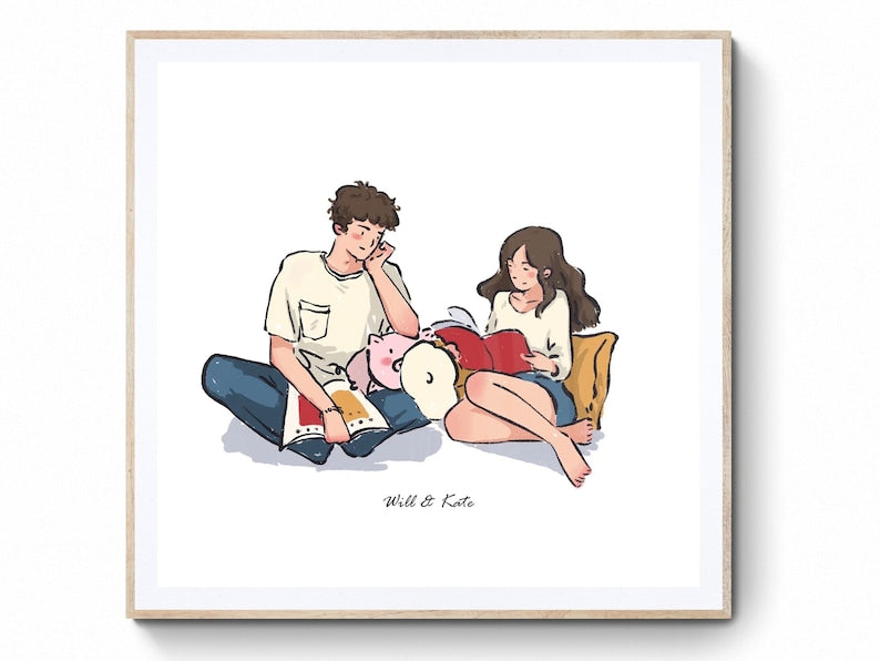 Custom Hand-drawn Couple Portrait, non-AI Cartoon Anime Caricature, Family, Personalized Anniversary, Wedding, Halloween, Digital Gift