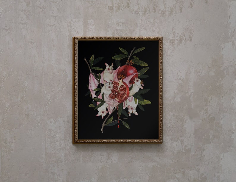 Albino Fruit Bats Pomegranate Dark Academia- Giclee Print from original hand-painting by Albino Jackrabbit