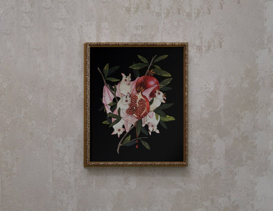 Albino Fruit Bats Pomegranate Dark Academia- Giclee Print from original hand-painting by Albino Jackrabbit