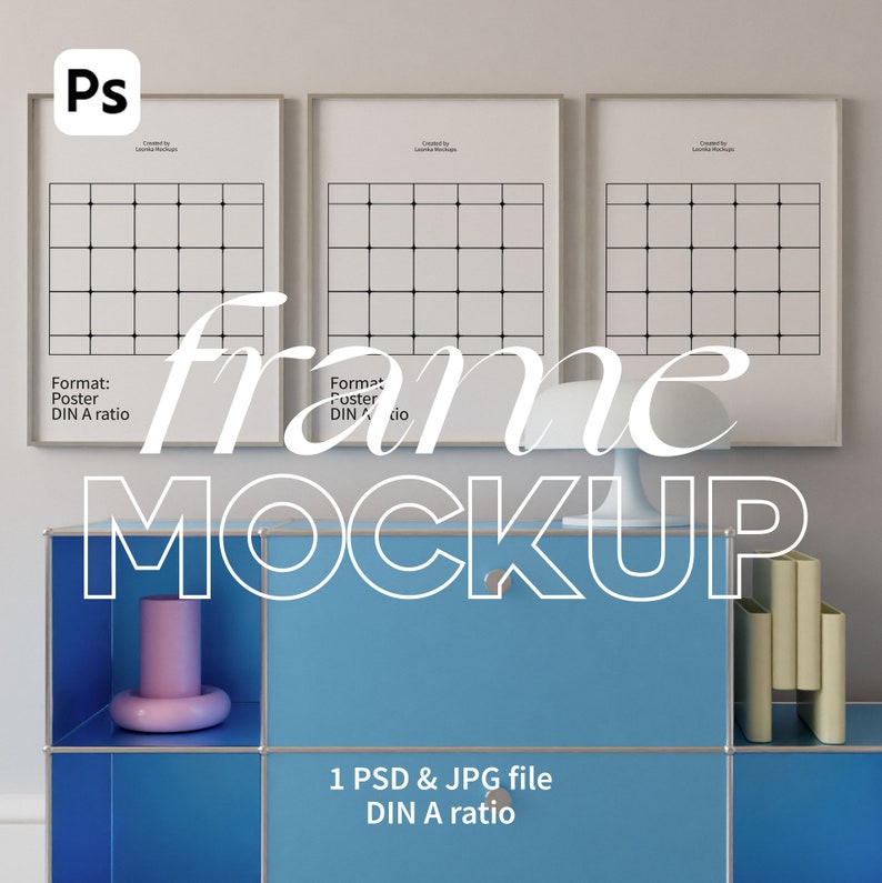 Set of Three Frame Mockup in Minimal Interior Scene. Living Room Mockup. ISO A DIN Ratio. Thin Metallic Frame. Photoshop Frame Template.