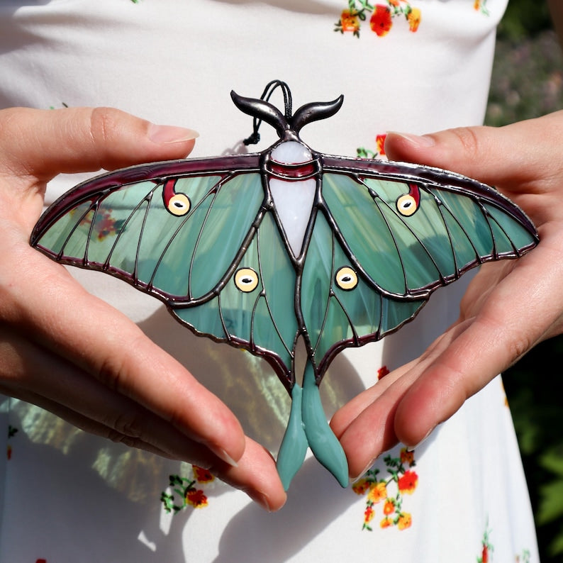 Luna moth butterfly suncatcher, stained glass window hangings, unique Christmas gift, gift for mom, handmade gift, modern home decor