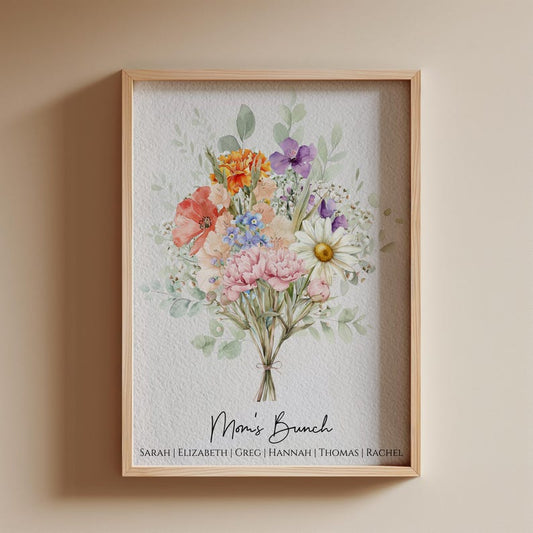 Family Birth Flower Bouquet | Gift for Mom Personalized Watercolor Birth Month Flower Print | Mother's Day Gift CUSTOM Matte Physical Print