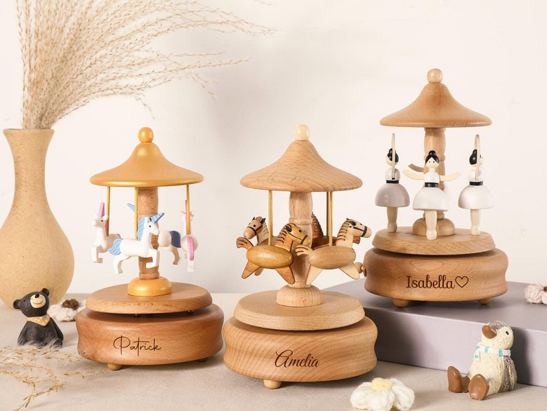Musical Wooden Ballerina Carousel Keepsake,Engraved Name Music Box,Personalized Wooden MusicBox,Baby Shower Gift,Newborn Gift,Christmas gift