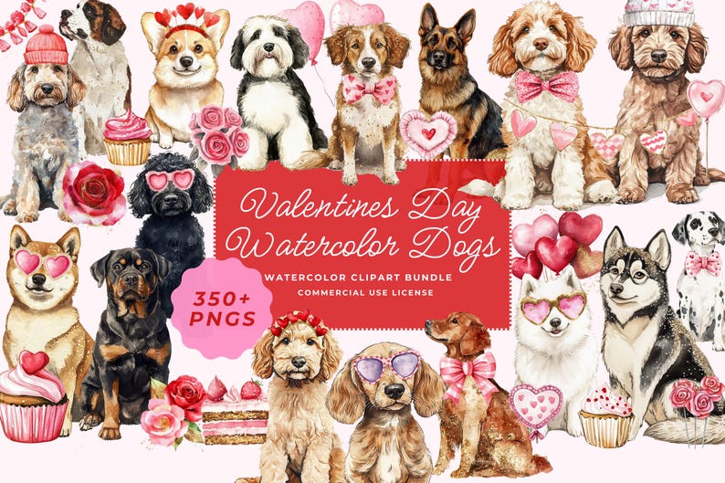 Valentines Day Watercolor Dog Png Bundle, Watercolor Pet Clipart Bundle, Coquette Dog Sublimation Designs, Digital Download