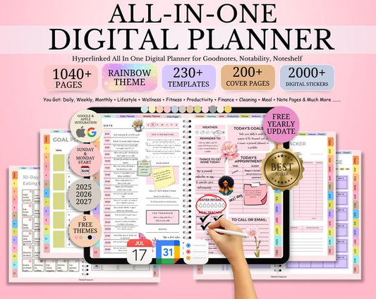 All-in-One Digital Planner 2025 2026 2027, Hyperlink Digital Planner, Daily Weekly Monthly Journal, Goodnotes Planner, Apple Google Calendar