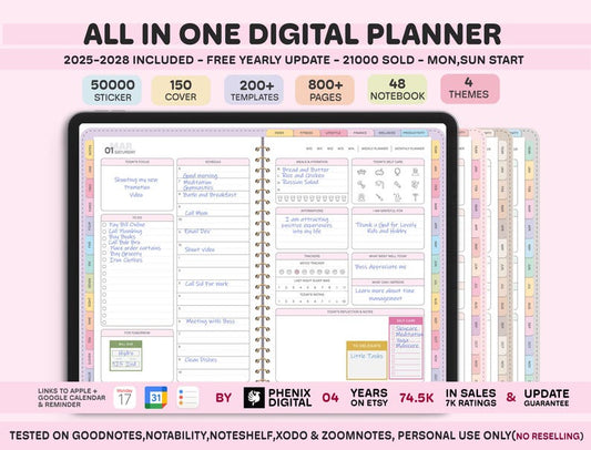 All-in-One Digital Planner 2025, 2026, 2027, Digital Planner, Digital Journal, Digital Goodnotes Template, Weekly, Daily Planner, Notability