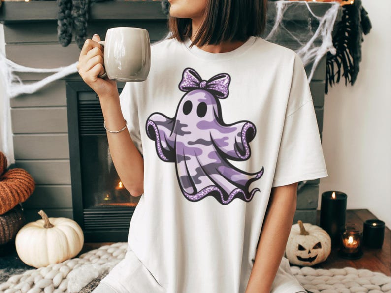 Spooky Season Ghost Png | Purple Halloween Ghost Png | Glitter Coquette Bow Ghost Png | Cute Girly Ghost Png | Pastel Fall Halloween Png