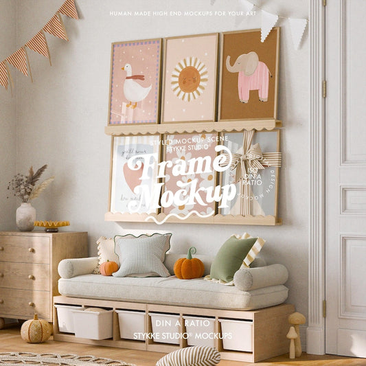 six frames mockup, autumn kids room interior mockup scene, nursery frame mockup, frame mockup with glass reflection, poster mockup bow