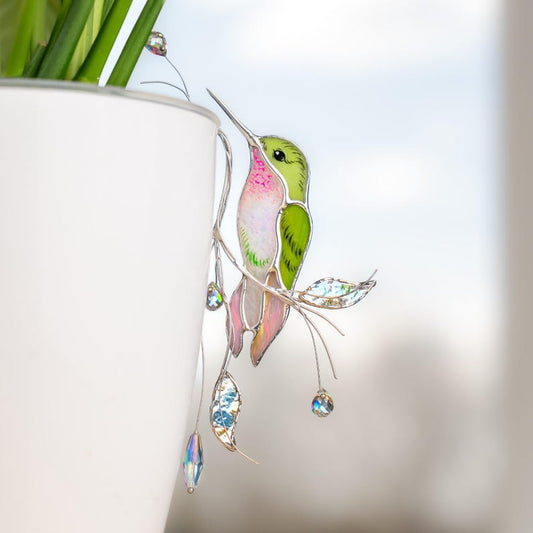 Plant stakes stained glass hummingbird suncatcher - Christmas gift - House warming gift - Garden stakes crystal suncatcher - Birthday gift